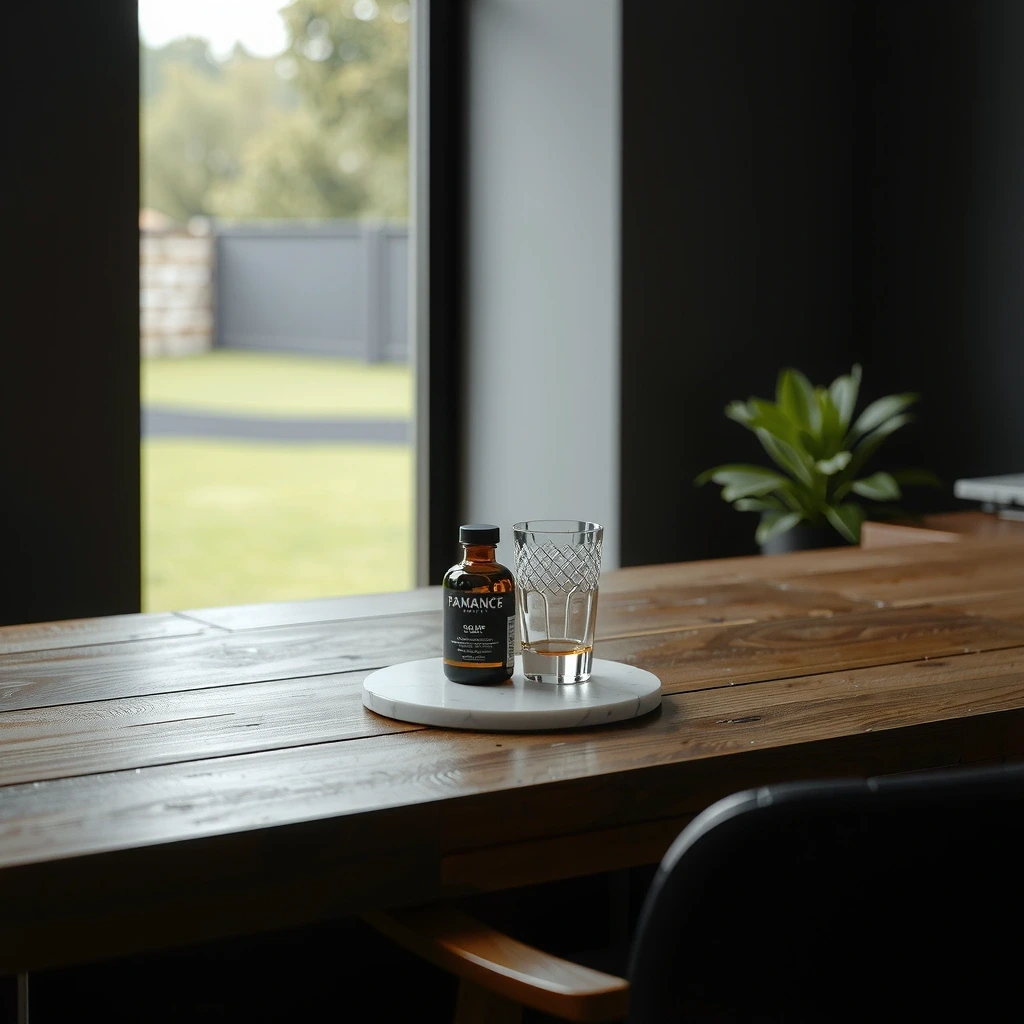 Detailaufnahme eines produktbottles auf einem edlen schreibtisch